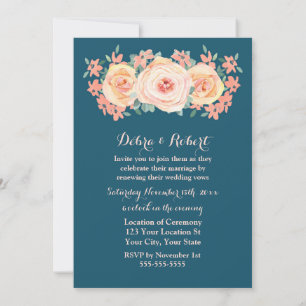 Peach Floral Navy Blue Vow Renewal Invitation Kaart