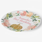 Peach Floral Onze kleine pompoen Birthday Papieren Bordje (Gekanteld)
