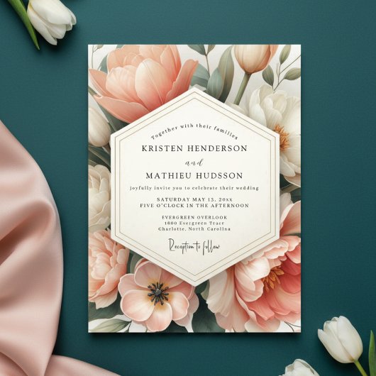 Peach Floral Opulent Romance Wedding Kaart