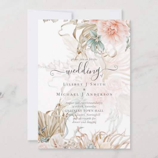 Peach Floral Pampas Grass BOHO Wedding Invitation Kaart (Voorkant)