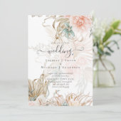 Peach Floral Pampas Grass BOHO Wedding Invitation Kaart (Staand voorkant)