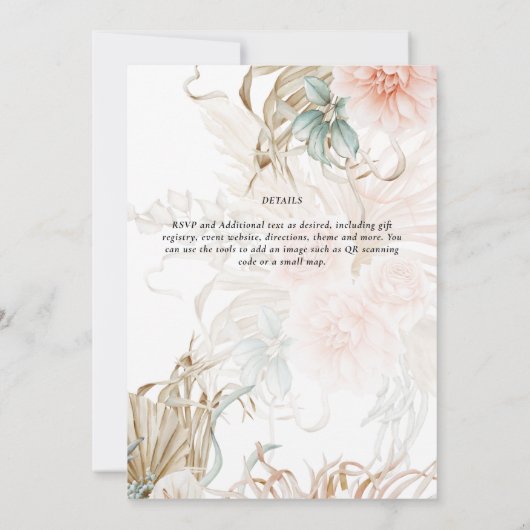 Peach Floral Pampas Grass BOHO Wedding Invitation Kaart (Achterkant)