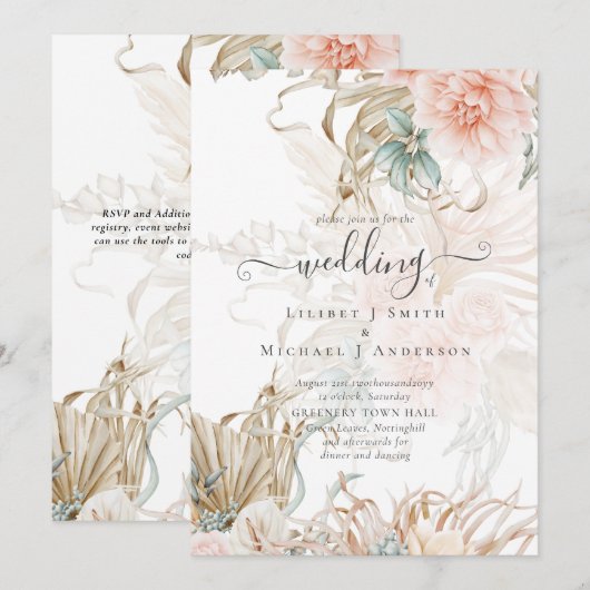 Peach Floral Pampas Grass BOHO Wedding Invitation Kaart (Voorkant / Achterkant)