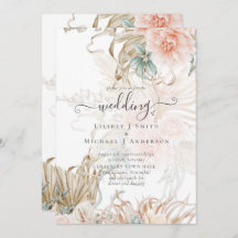 Peach Floral Pampas Grass BOHO Wedding Invitation