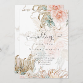 Peach Floral Pampas Grass BOHO Wedding Invitation Kaart