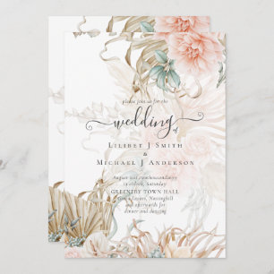 Peach Floral Pampas Grass BOHO Wedding Invitation Kaart