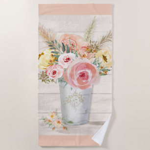 Peach Floral Pampas Rustic Cottage Waterverf Strandlaken