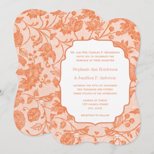  peach Floral Pattern Love Bird Wedding Kaart (Voorkant / Achterkant)