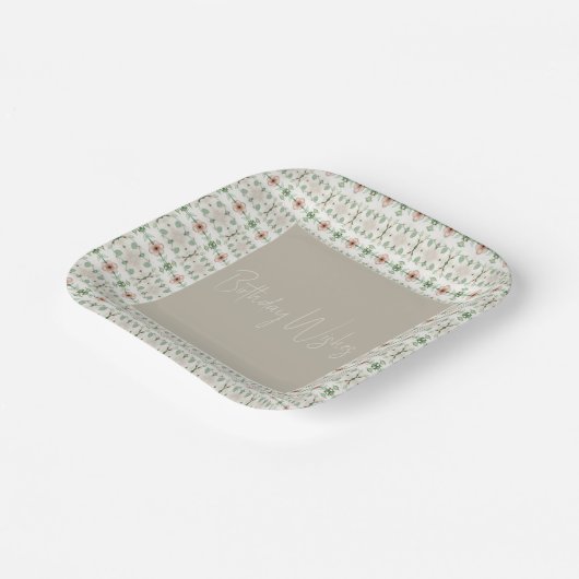 Peach Floral Patterned Square Papieren Bordje (Gebogen)