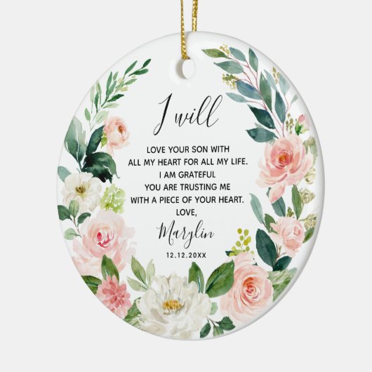 Peach Floral Personalized Moeder van de Groom Keramisch Ornament (Links)