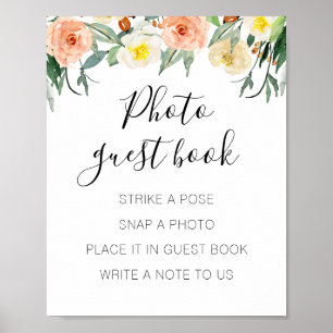 Peach Floral Photo Guest Book Weddenschap Poster