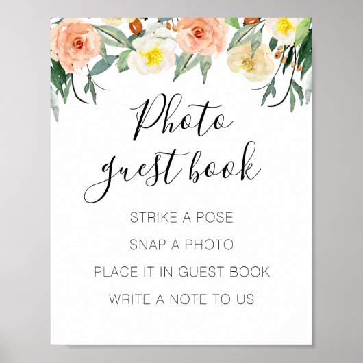 Peach Floral Photo Guest Book Weddenschap Poster (Voorkant)