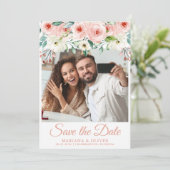 Peach Floral Photo Save the Date Kaart (Staand voorkant)