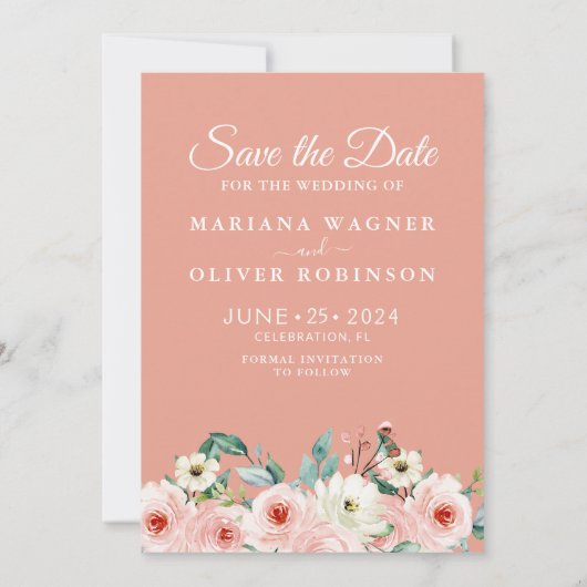 Peach Floral Photo Save the Date Kaart (Achterkant)