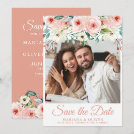 Peach Floral Photo Save the Date Kaart