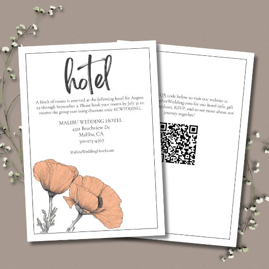 Peach Floral Poppies Modern Elegant Wedding Hotel Informatiekaartje