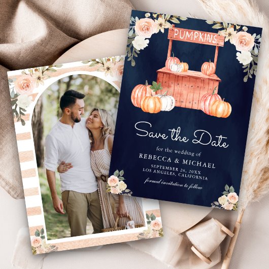 Peach Floral Pumpkin Market Photo Navy Wedding Save The Date
