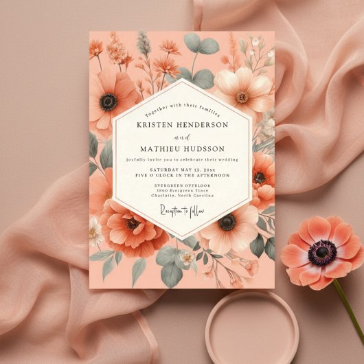Peach Floral Romance Wedding Kaart