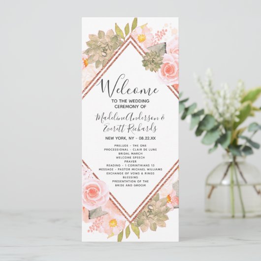 Peach Floral Roos Gold huwelijksceremonie programm Programmakaart (Staand voorkant)