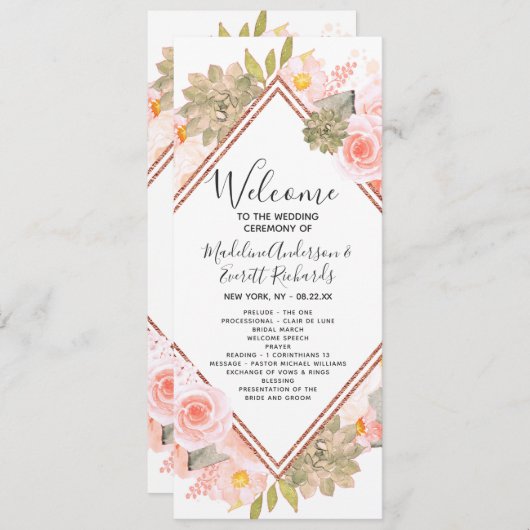 Peach Floral Roos Gold huwelijksceremonie programm Programmakaart (Voorkant / Achterkant)
