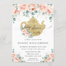 Peach Floral Roos Greenery Baby shower Tea Party Kaart