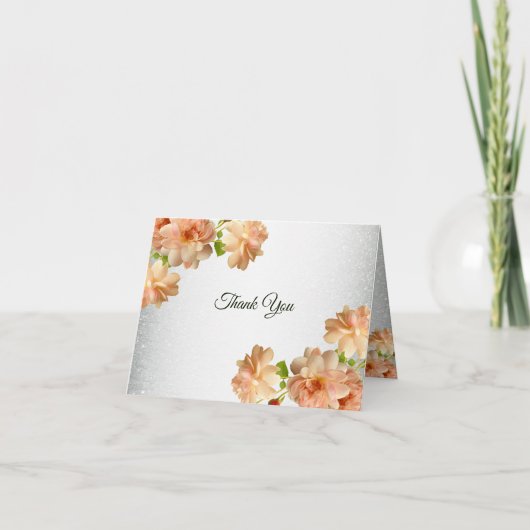 Peach Floral Silver Glitter Modern Wedding Party Bedankkaart (Voorkant)