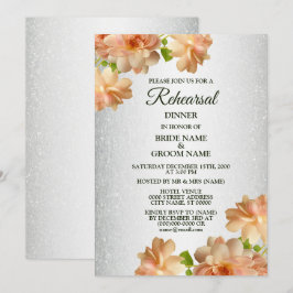 Peach Floral Silver Glitter Rehearsal Dinner Kaart