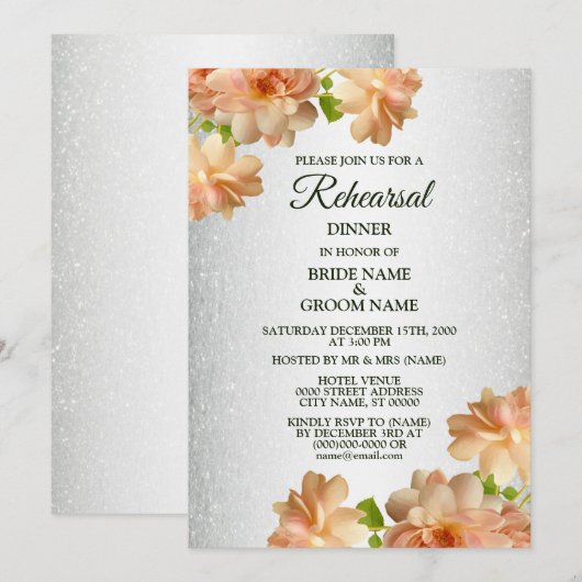 Peach Floral Silver Glitter Rehearsal Dinner Kaart (Voorkant / Achterkant)