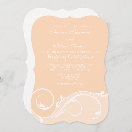 Peach Floral Swirl Bracket Wedding Invitae Kaart (Voorkant / Achterkant)