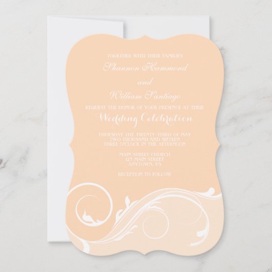 Peach Floral Swirl Bracket Wedding Invitae Kaart (Voorkant)