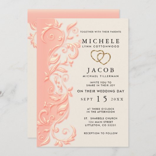 Peach Floral Swirl Wedding and RSVP Kaart (Voorkant / Achterkant)