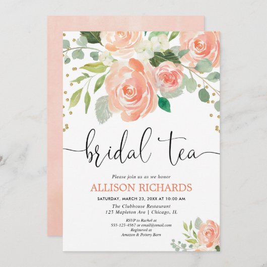 Peach floral tea party bridale doucheuitnodigingen kaart (Voorkant / Achterkant)