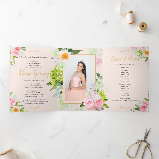 Peach Floral Trifold Quinceanera Invitation Drieluik Uitnodiging (Binnen)