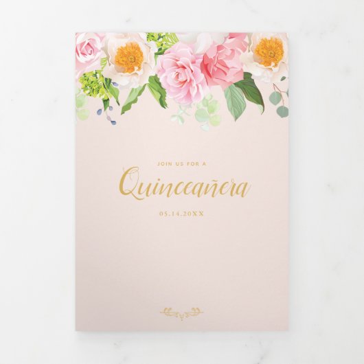 Peach Floral Trifold Quinceanera Invitation Drieluik Uitnodiging (Cover)