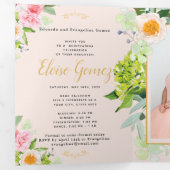 Peach Floral Trifold Quinceanera Invitation Drieluik Uitnodiging (Binnenzijde eerst)