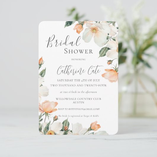 Peach Floral Watercolor Bridal Shower Kaart (Staand voorkant)