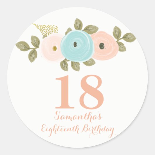 Peach Floral Waterverf 18th Birthday Girl Sticker (Voorkant)