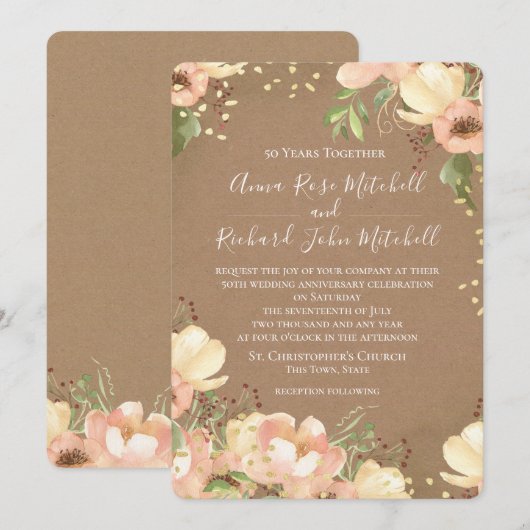 Peach Floral Waterverf 50th Wedding Jubileum Kaart (Voorkant / Achterkant)