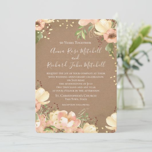 Peach Floral Waterverf 50th Wedding Jubileum Kaart (Staand voorkant)