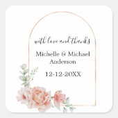 Peach Floral Waterverf Arch bruiloft gunst Vierkante Sticker (Voorkant)