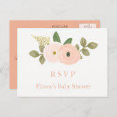 Peach Floral Waterverf Baby shower RSVP Briefkaart (Voorkant / Achterkant)