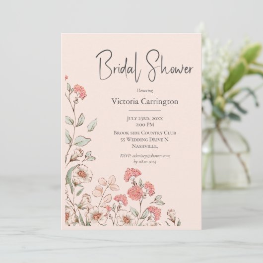 Peach Floral Waterverf Bridal Shower Invitation Kaart (Staand voorkant)