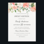 Peach Floral Waterverf Sweet Sixteen Invitation Kaart<br><div class="desc">Elegant Sweet Sixteen Uitnodiging met een zacht bloemige waterverf in tinten van wazige roze,  perzik en groen. De klassieke stijltekst in zacht grijs kan volledig-gepersonaliseerd zijn. Collectie van het huwelijk in de kleine Bayleigh-winkel.</div>