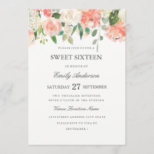 Peach Floral Waterverf Sweet Sixteen Invitation Kaart