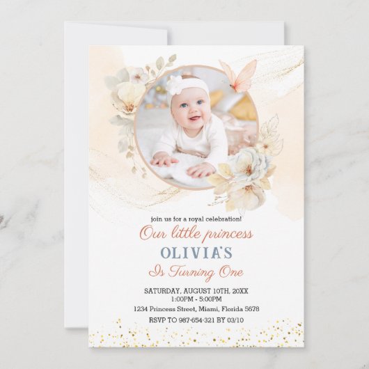 Peach Floral Waterverf Verjaardagsuitnodiging Kaart (Voorkant)