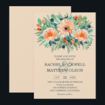 Peach Floral Waterverf Wedding Invitations<br><div class="desc">Elegante waterverf van bloemen in perzikshoppen tot oranje met blauwgroen tot jade groen loofwerk op een bleke perzikachtergrond, met details van de trouwceremonie in blauwgroen en groene letters. Een moderne maar eenvoudige keuze voor elke uitnodiging voor een seizoensbruiloft. Verander de achtergrond in om het even welke kleur om uw trouwthema...</div>