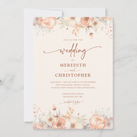 Peach Floral Waterverf Wedding Kaart (Voorkant)