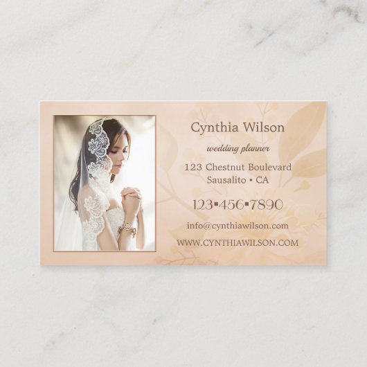 Peach Floral Waterverf Wedding Planner Foto Visitekaartje (Achterkant)