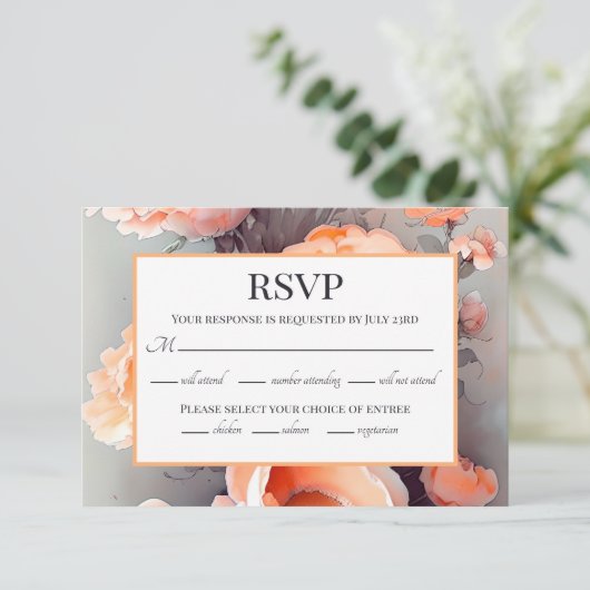 Peach Floral Waterverf Wedding RSVP Kaartje (Staand voorkant)