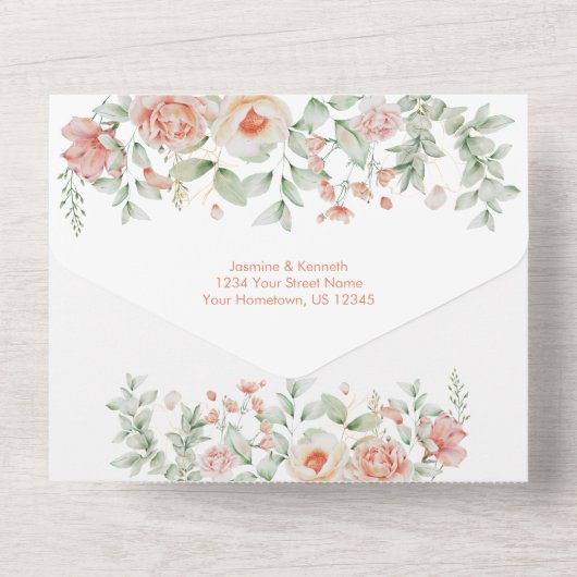 Peach Floral Weddenschap All in one Invitation All In One Uitnodiging (Achterkant)